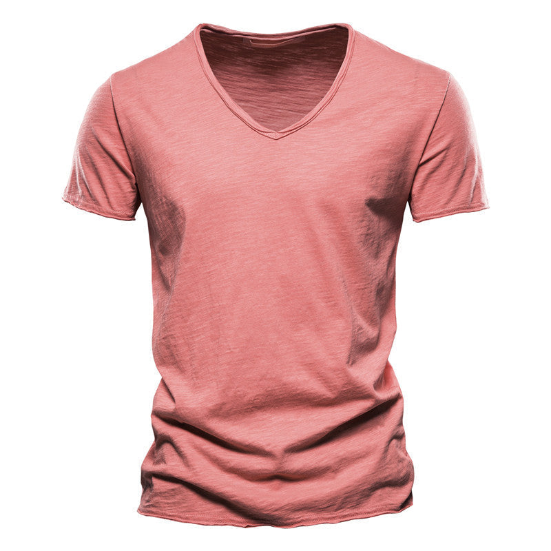 Plain Slub Cotton V-neck T-shirt