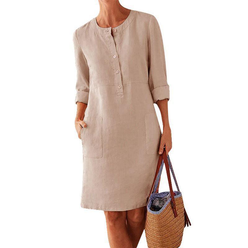 New Solid Color Cotton and Linen Dress